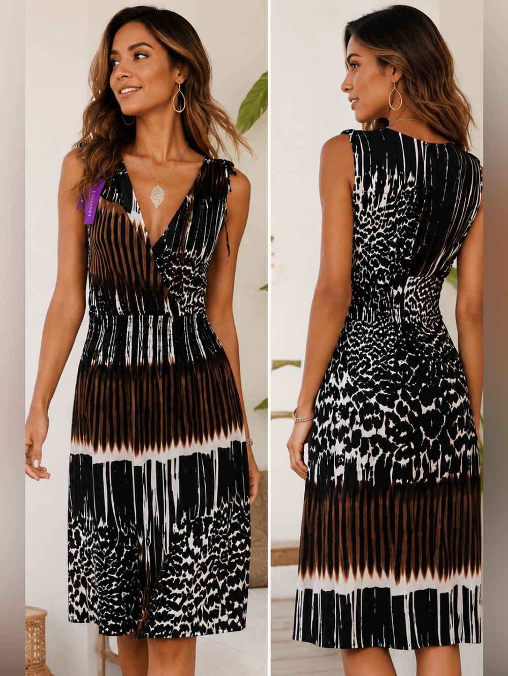 LASCANA Sleeveless Smocked Waist Wrap Dress Abstract Print US 10 NWT